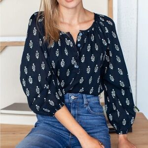 Emerson Fry Frances Block Print Organic Cotton Blouse Marguerite 2 Navy Size XS